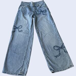 SIMPLE SOCIETY 00 Y2K Blue Jeans Bow Embroidery Wide Leg